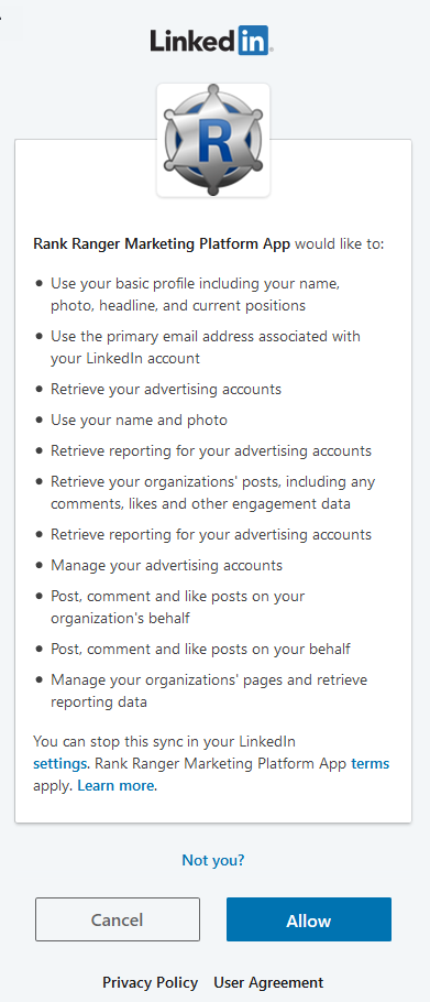 Authorize Rank Ranger LinkedIn App