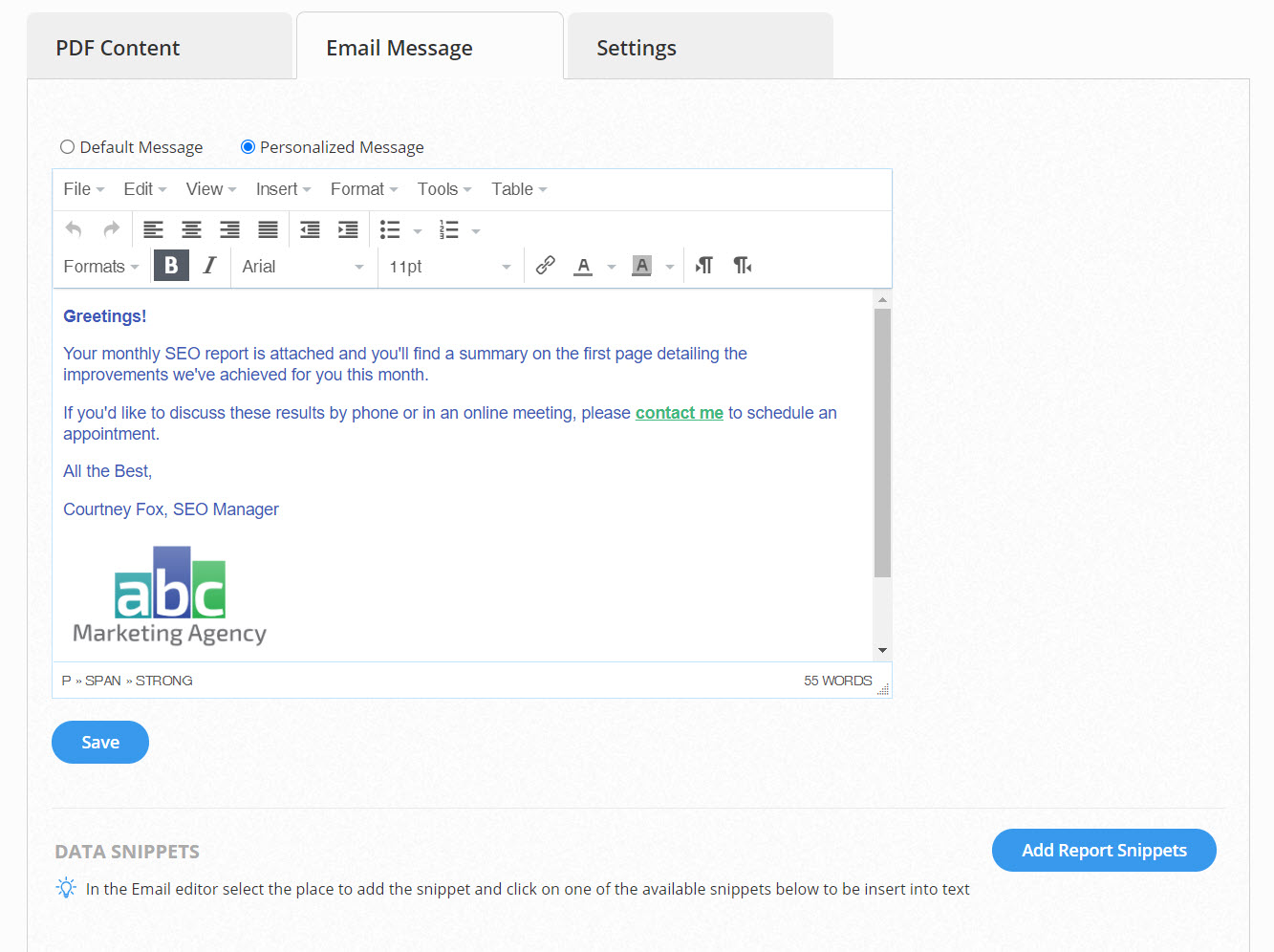 White Label PDF Report Email Message