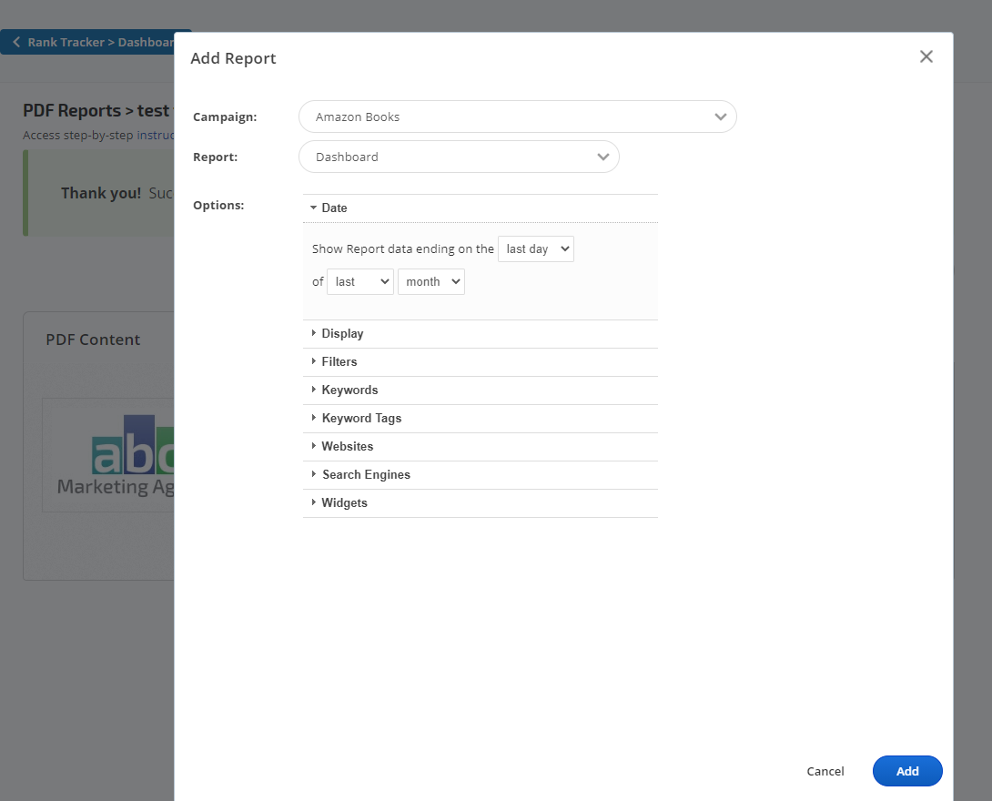 Add Report or graph to PDF report and select options