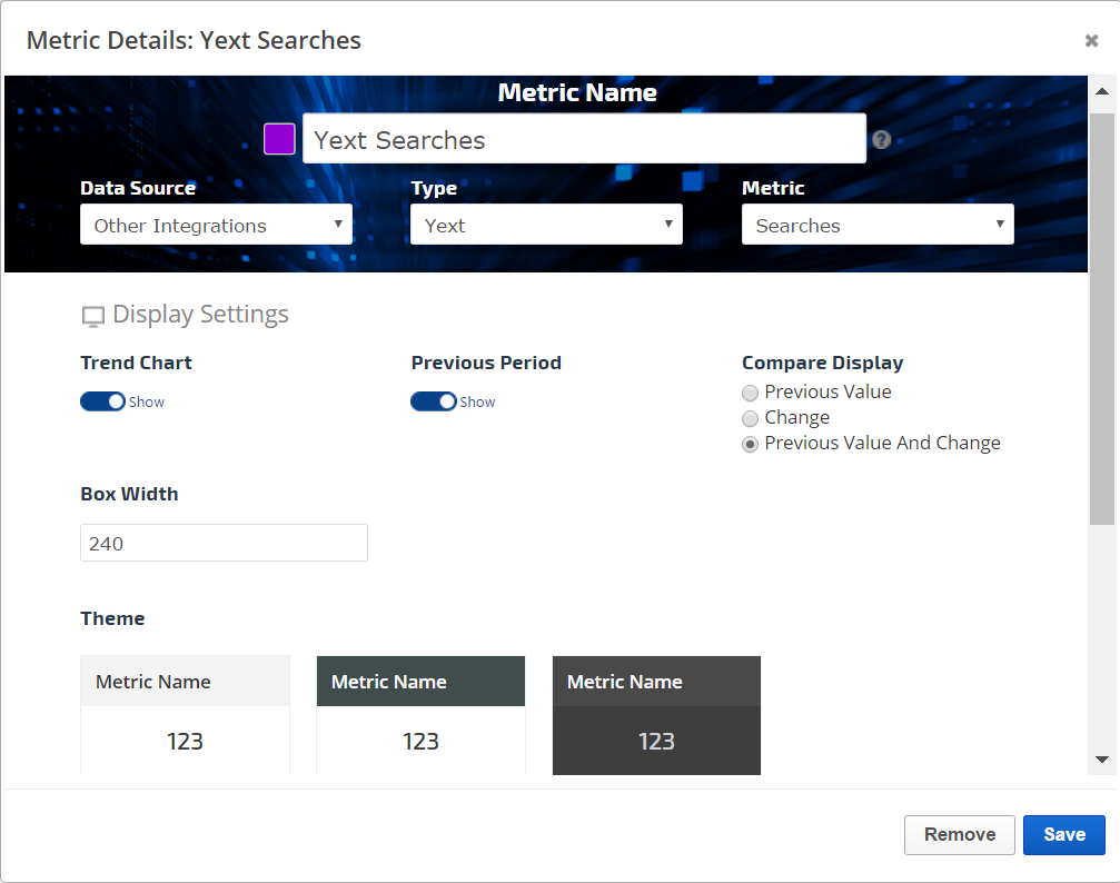 Yext API settings in Single Metric Widget
