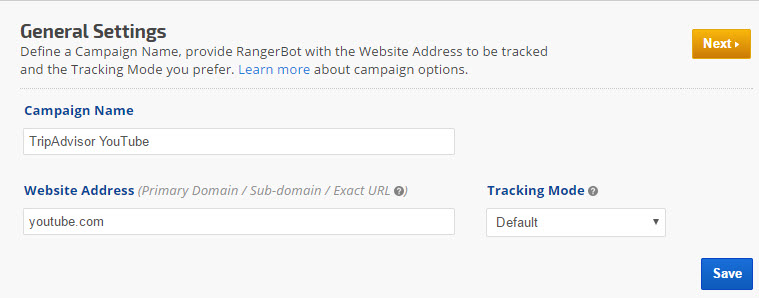 YouTube tracking Campaign settings