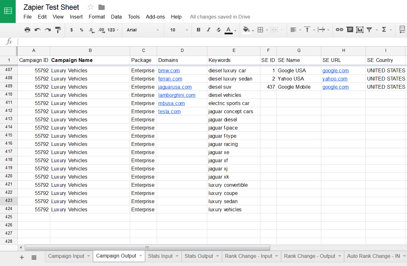 example of campaign info in Google Sheet via Zapier