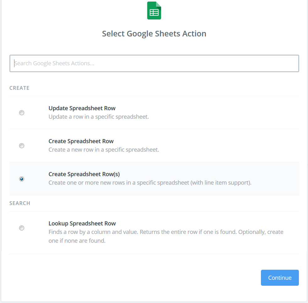 select Google sheets action