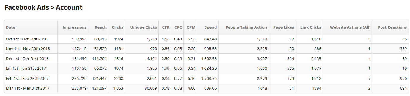 Facebook Ad Account Report Table