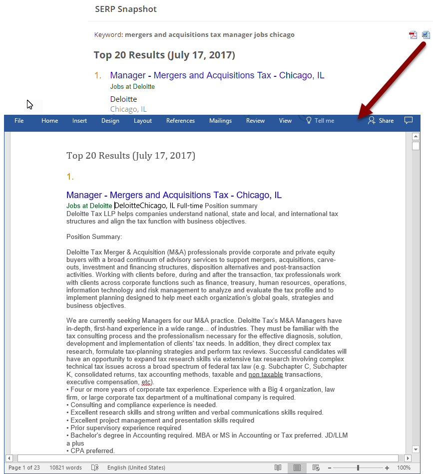 export Google Jobs search results to word