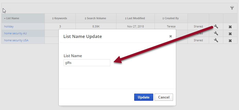 edit keyword list name