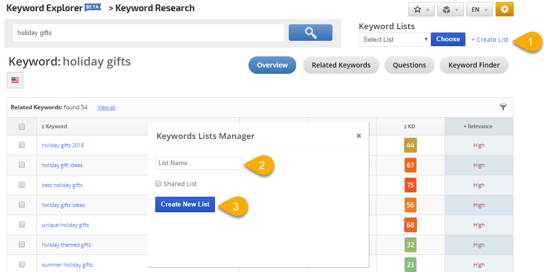 create a keyword list