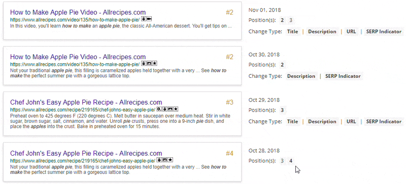 SEO Monitor displaying multiple keyword rank positions for 1 site