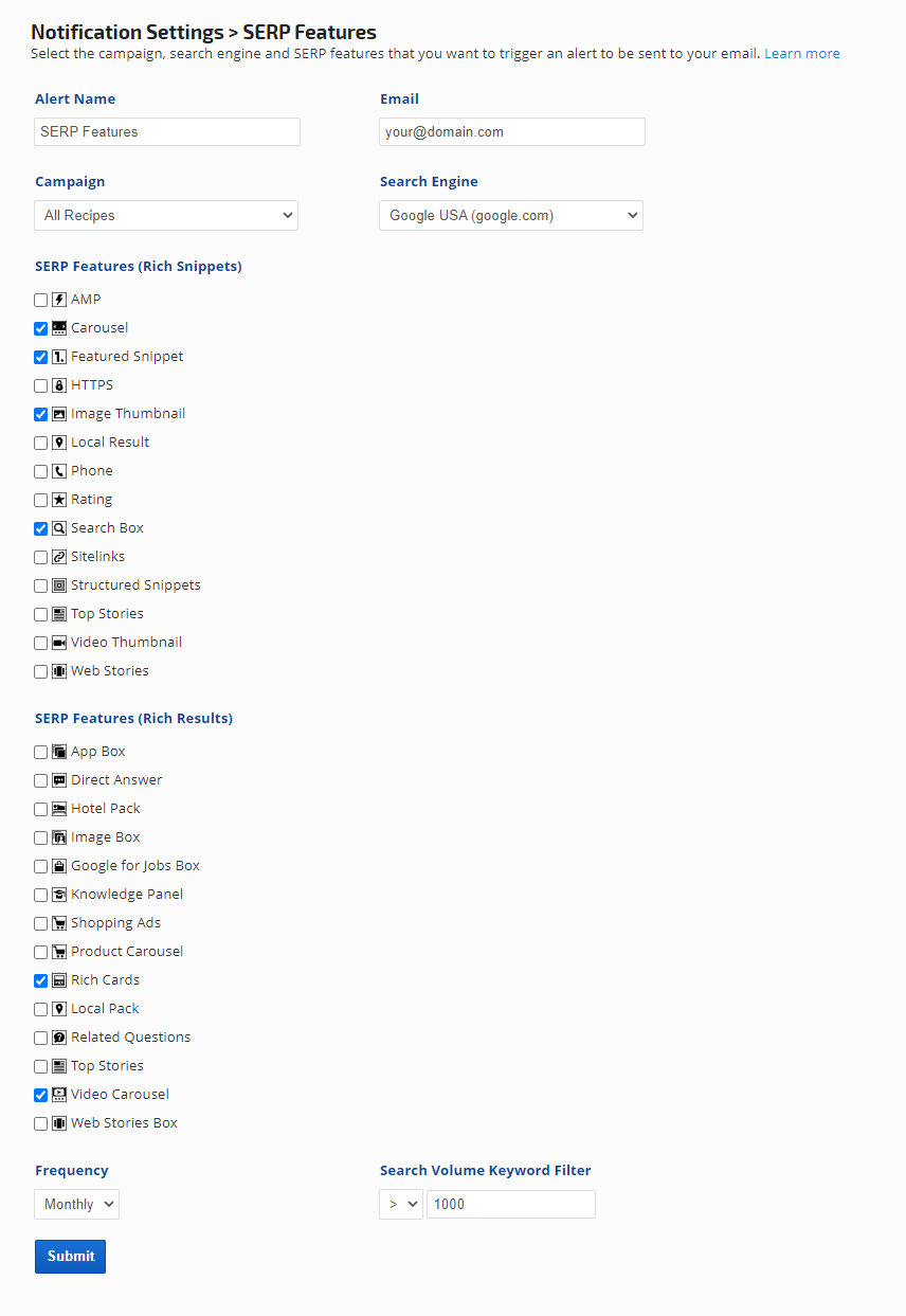 Create a SERP Features Monitor alert