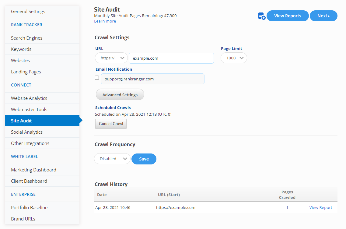 Site Audit settings