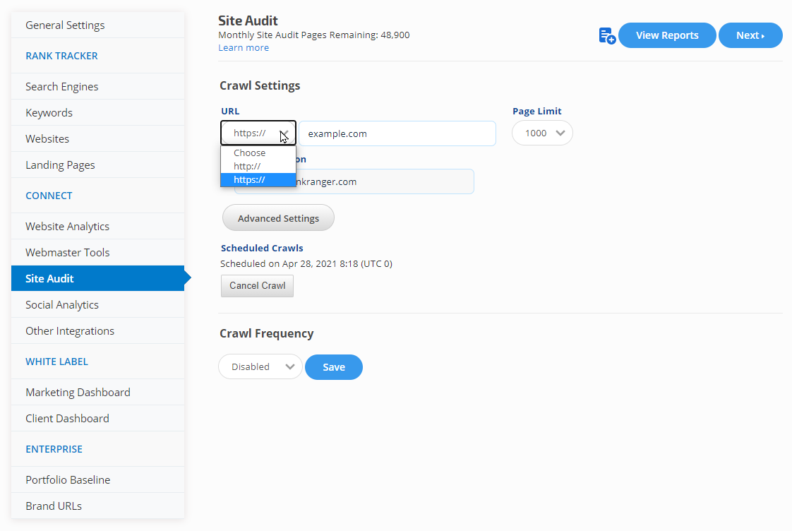 Site Audit campaign settings