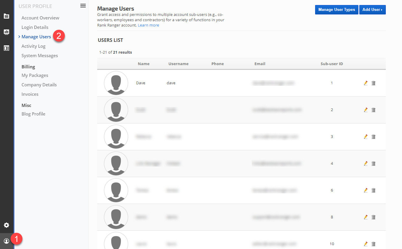 access the manage users screen