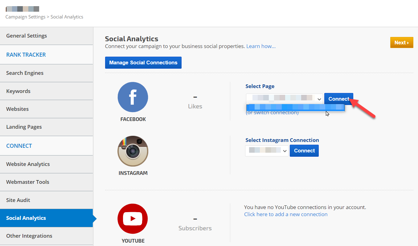 Connect Facebook to rank tracking campaign