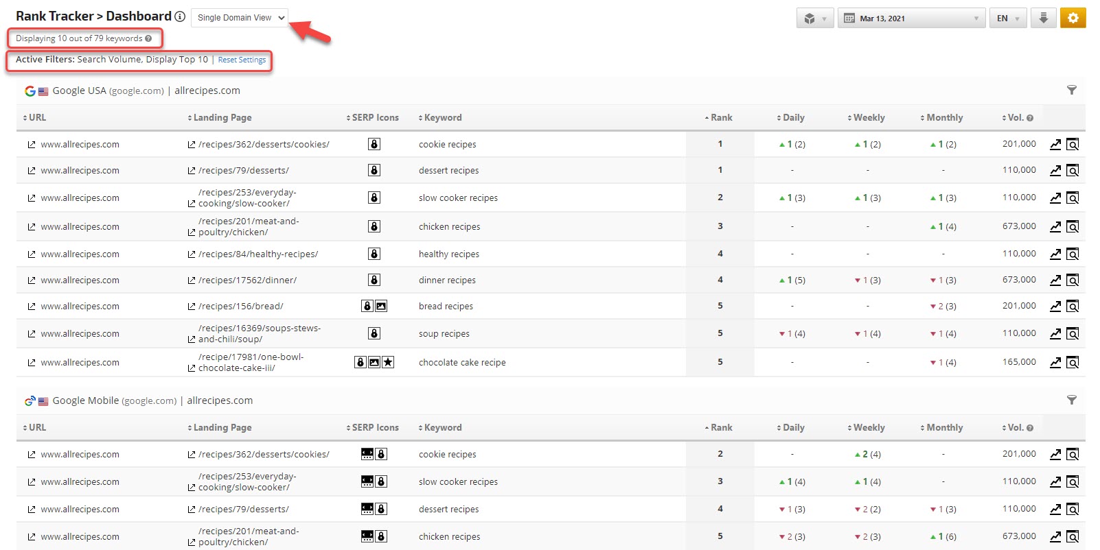 SEO Dashboard Single Domain View
