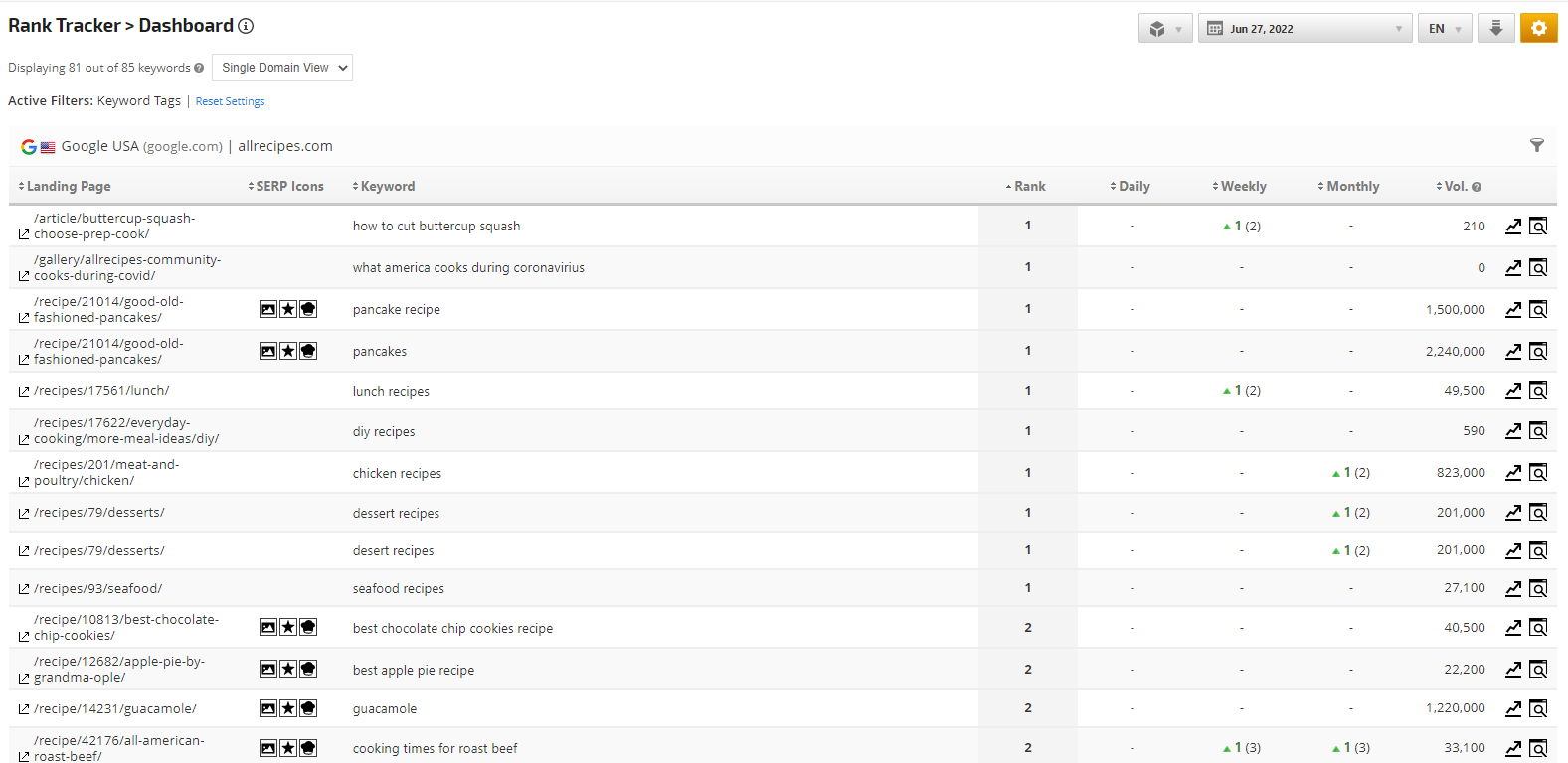 Rank Tracker Dashboard with SERP icons