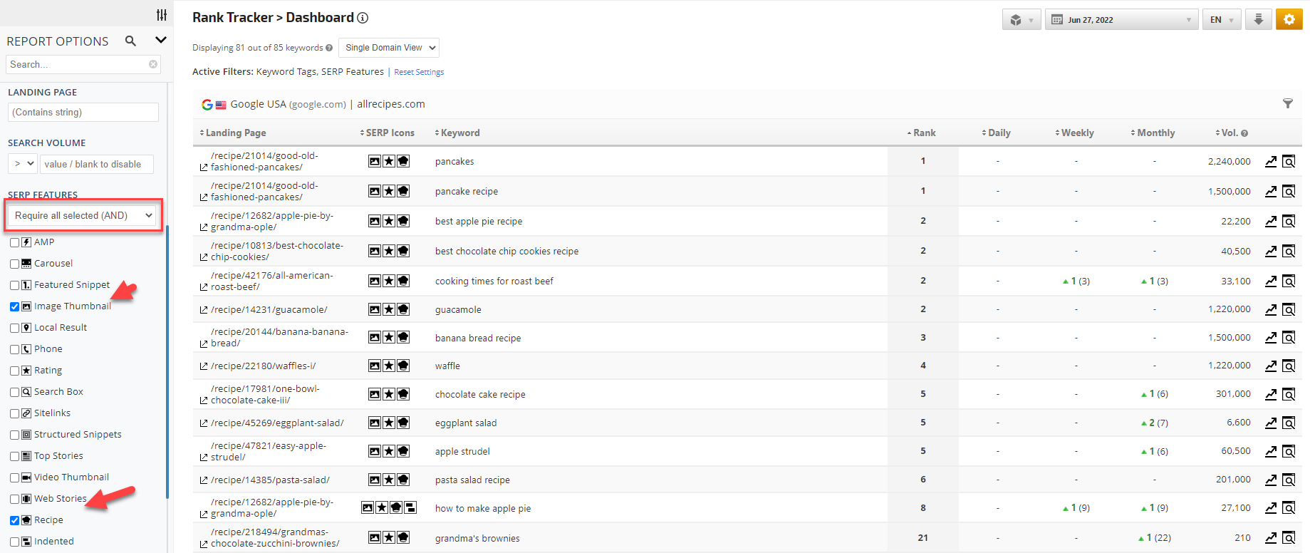 filter rank tracking report for SERP feature