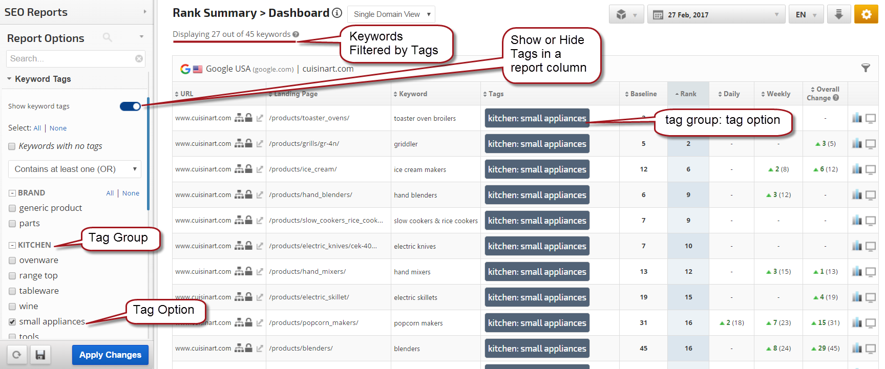 rank tracker report with tag filters