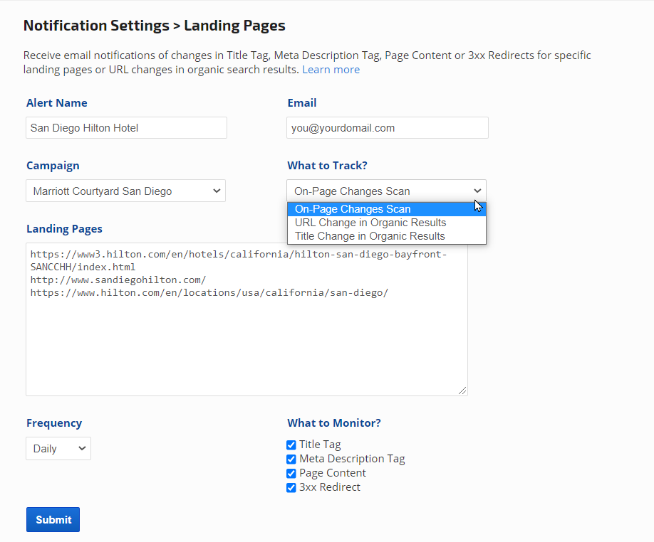 create new landing page alert