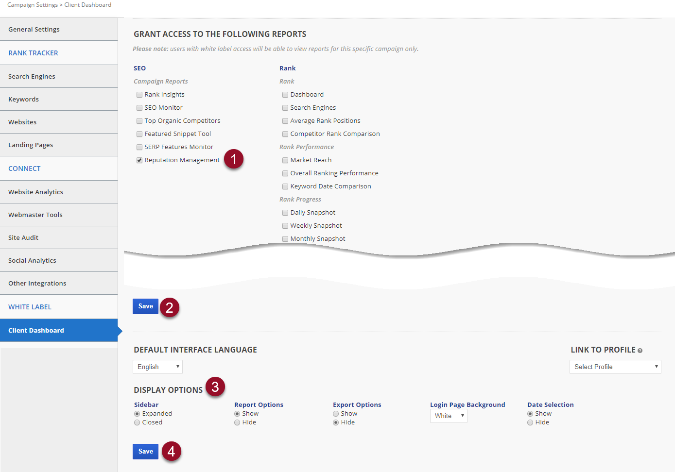 Reputation Management Client Dashboard campaign settings