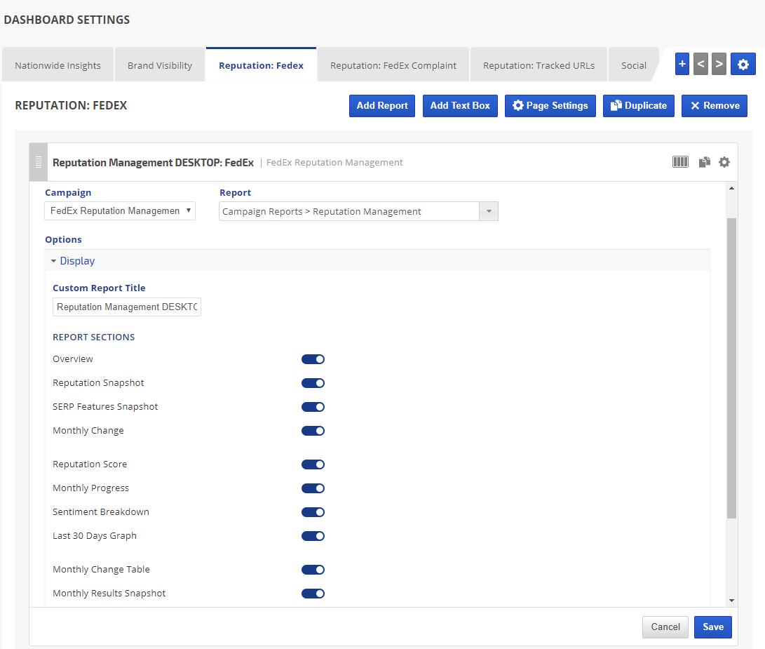Reputation Management Marketing Dashboard Settings