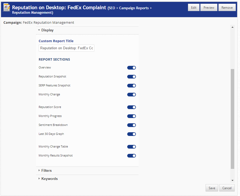 Reputation Management PDF Report settings